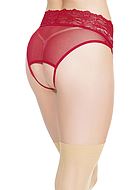 Crotchless panties, built-in garter belt, floral lace, mesh inlay